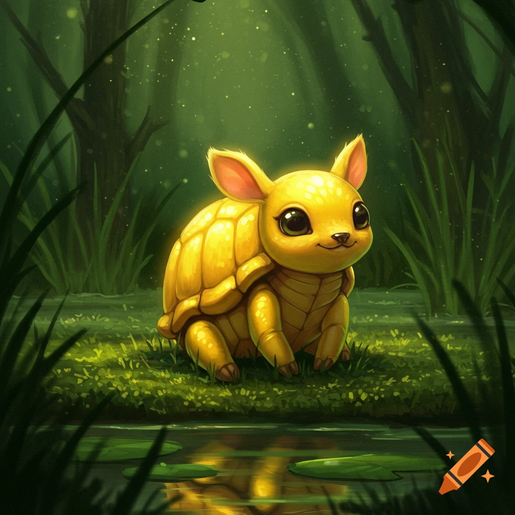 A small, glowing yellow, shelled creature with large eyes and bunny ears sits in a lush green swamp with water and trees.