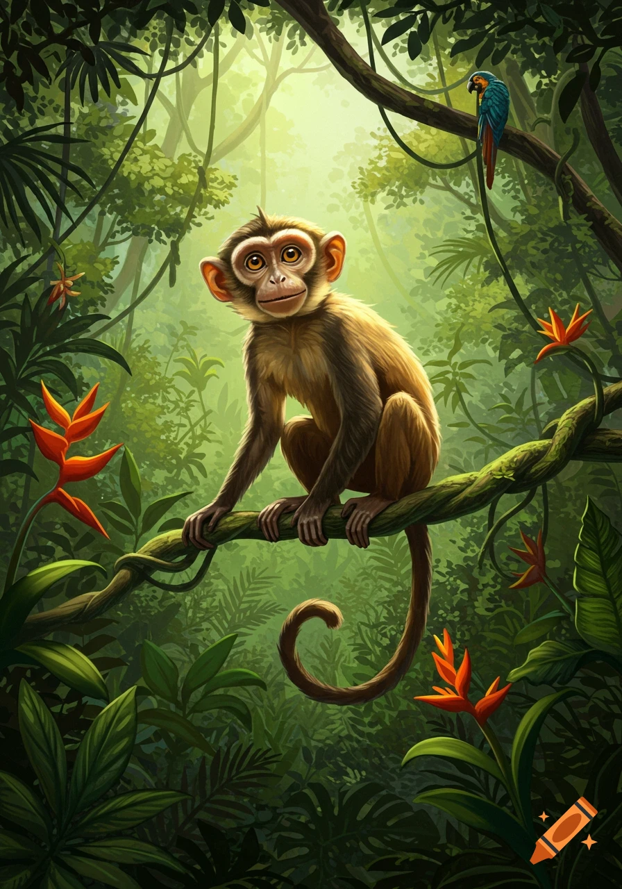 A cute baby monkey sits on a vine in a vibrant, sunlit jungle, with red flowers and a colorful parrot on a branch above.