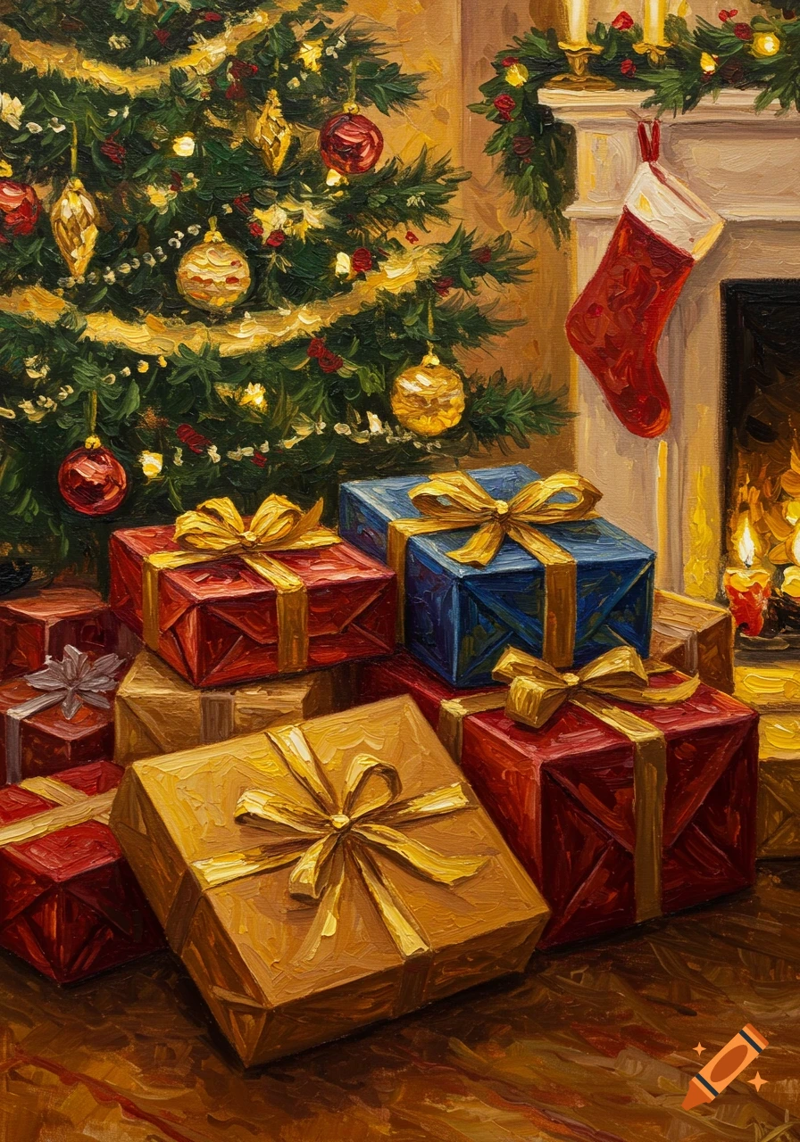 Impressionistic painting of a decorated Christmas tree and wrapped gifts by a fireplace with a red stocking.