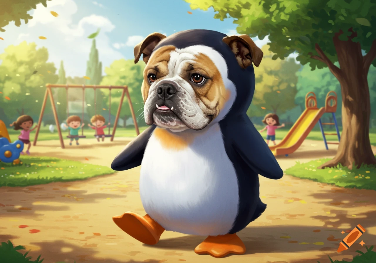 A cute bulldog dressed in a penguin costume walks through a sunny playground with children playing in the background.