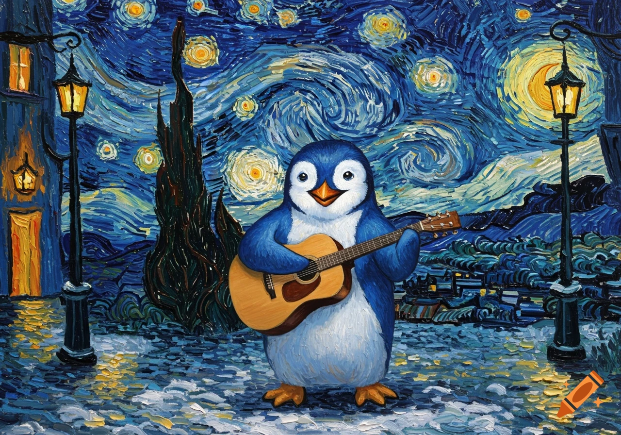 A cartoon blue and white penguin plays a guitar in a vibrant Van Gogh-style painting with a starry night sky and streetlights.