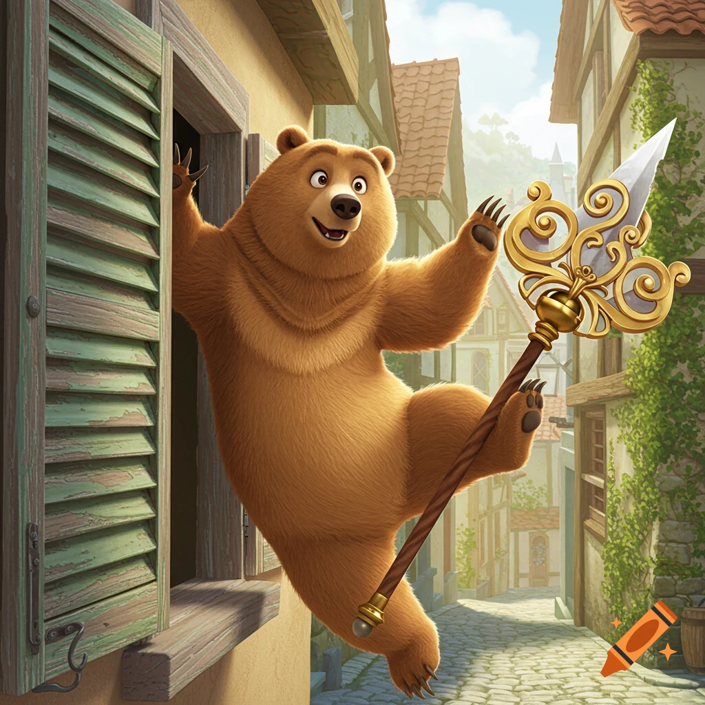 A cartoon bear climbs out a window, holding an ornate golden spear, in a medieval village alley.