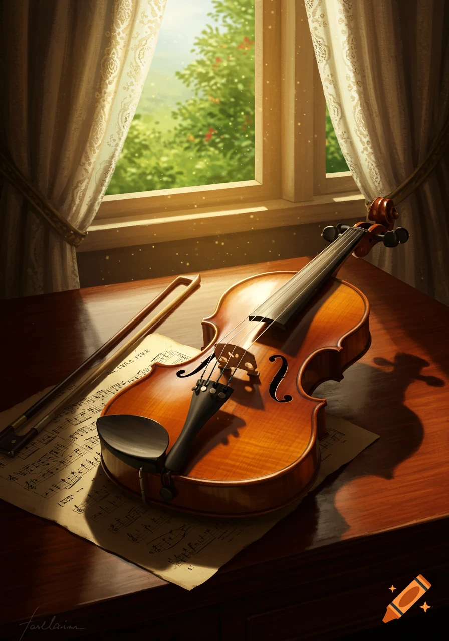 A photorealistic violin and bow lie on sheet music on a wooden table, illuminated by sunlight from a window overlooking green trees.