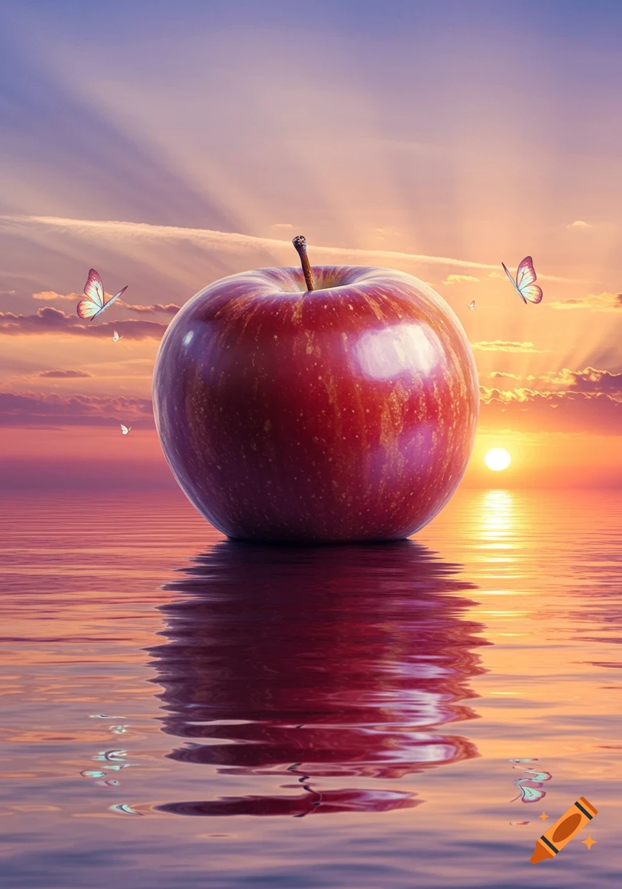 A large red apple floats on calm water with a vibrant sunset and butterflies in the background, in a surreal style.
