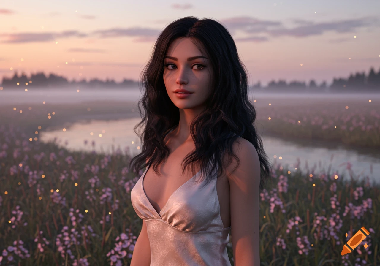 A photorealistic portrait of a woman with dark wavy hair in a field of purple flowers at sunset, with glowing particles.