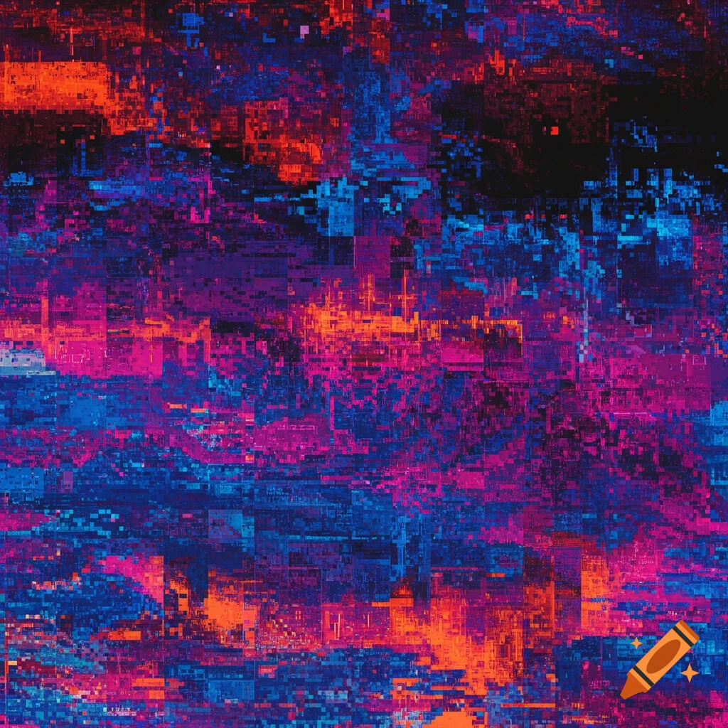 Abstract pattern of vibrant blue, pink, purple, and orange-red grainy pixels, creating a glitch art effect.