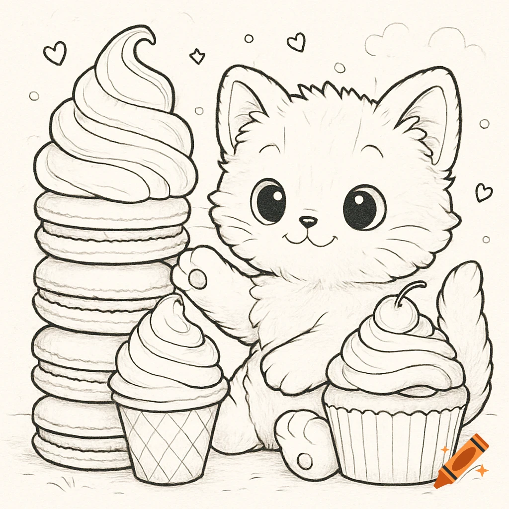 A cute kitten sits among a stack of macarons, an ice cream cone, and a cupcake in a black and white coloring book style.