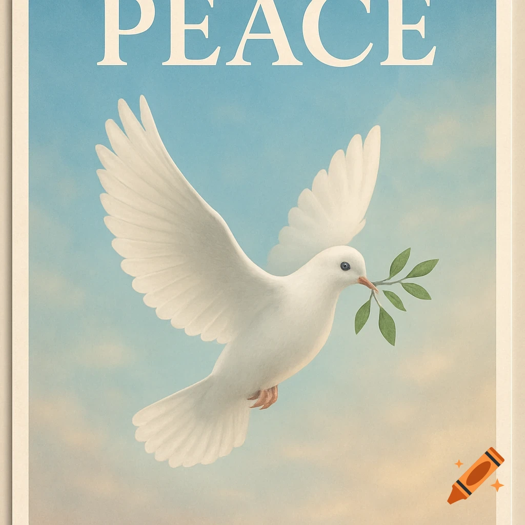 A white dove with an olive branch in its beak flies against a blue sky, with the word PEACE at the top in a vintage poster style.