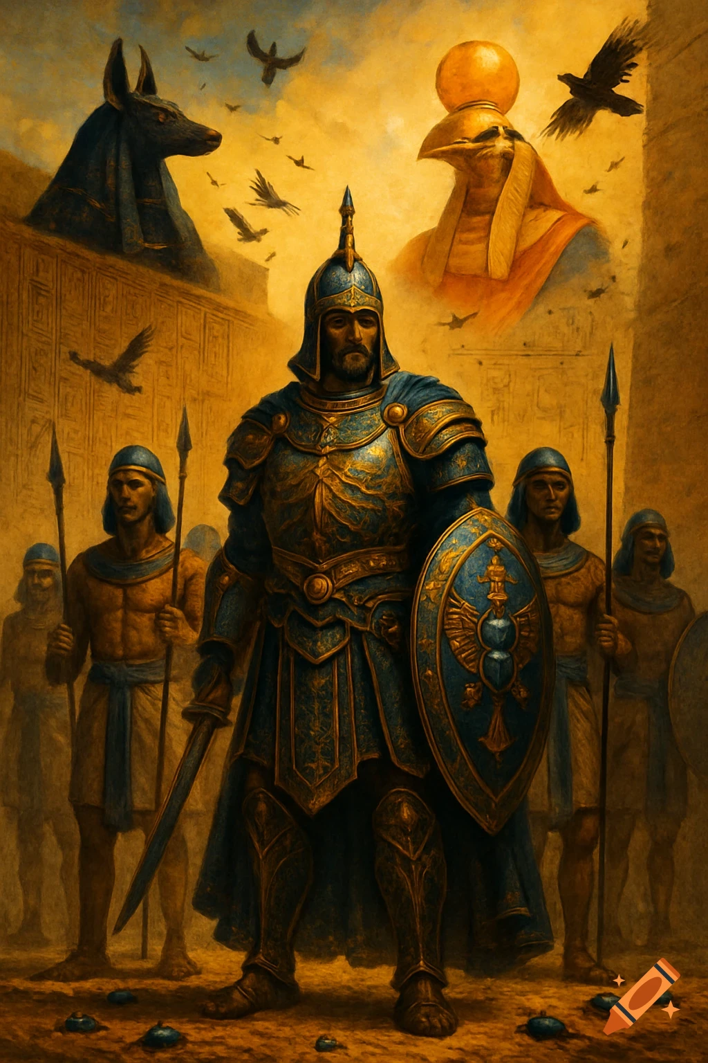 A majestic Egyptian warrior in ornate blue and gold armor stands with a sword and shield, flanked by guards, with Anubis and Ra in the background.