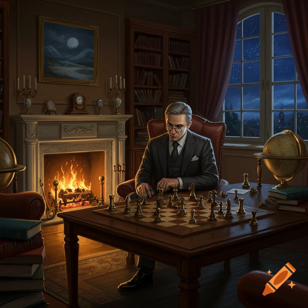 A man in a suit plays chess by a fireplace in an opulent study with bookshelves and a starry night visible through a large window.