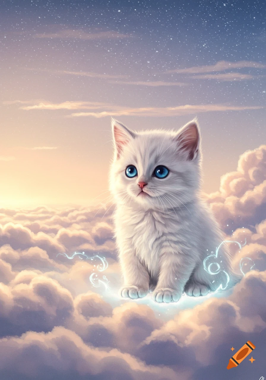 A fluffy white kitten with bright blue eyes sits on glowing clouds against a starry sunset sky, digital art.