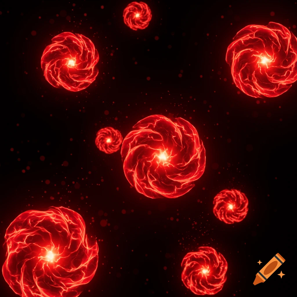Several glowing red swirling energy orbs on a dark background with red speckles.