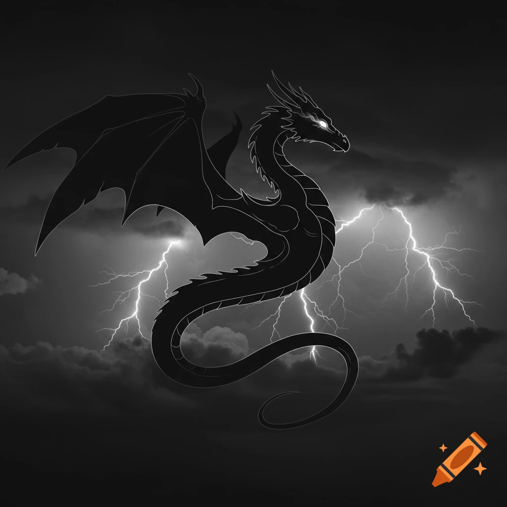 A black dragon silhouette with glowing eyes and spread wings against a stormy, lightning-filled sky in grayscale.