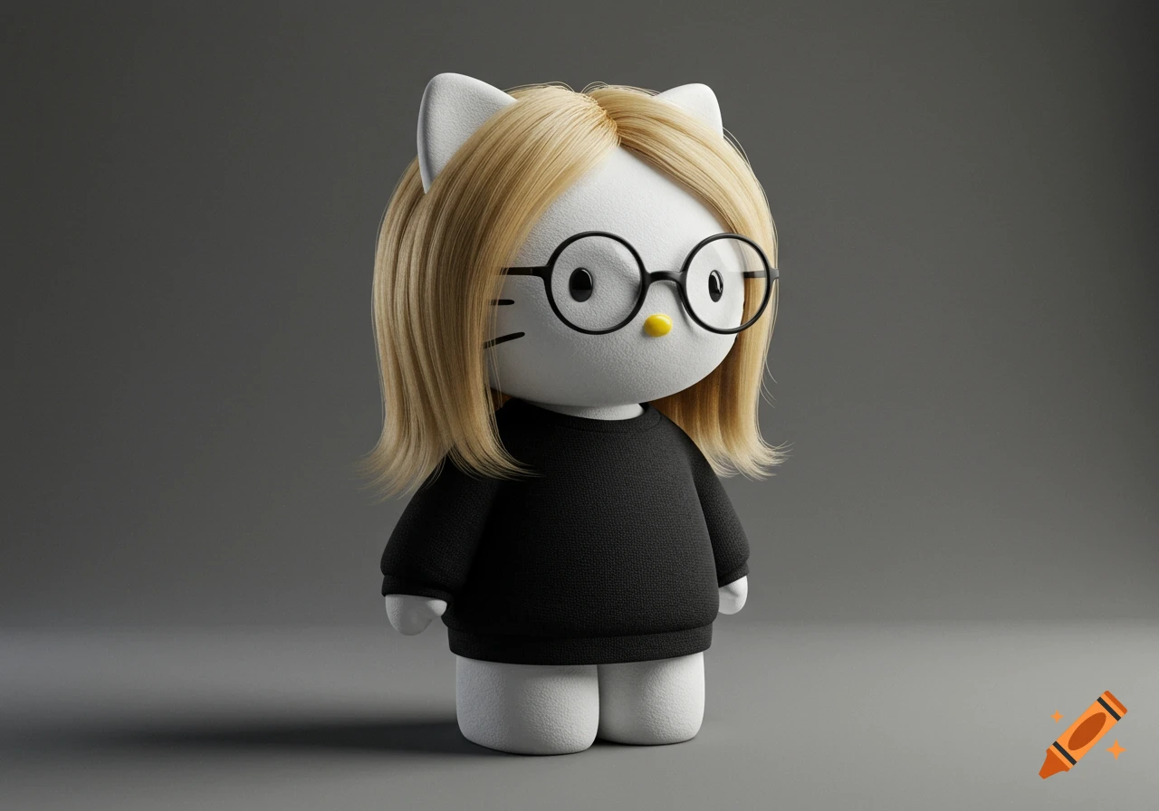 A 3D render of Hello Kitty with blonde shoulder-length hair, black-rimmed glasses, and a black sweatshirt, against a grey background.