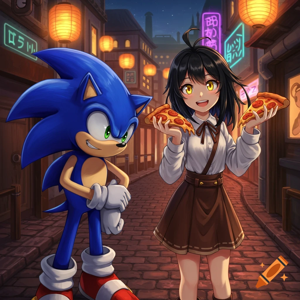 Anime style Sonic and a black-haired girl holding pizzas on a bustling street at night.