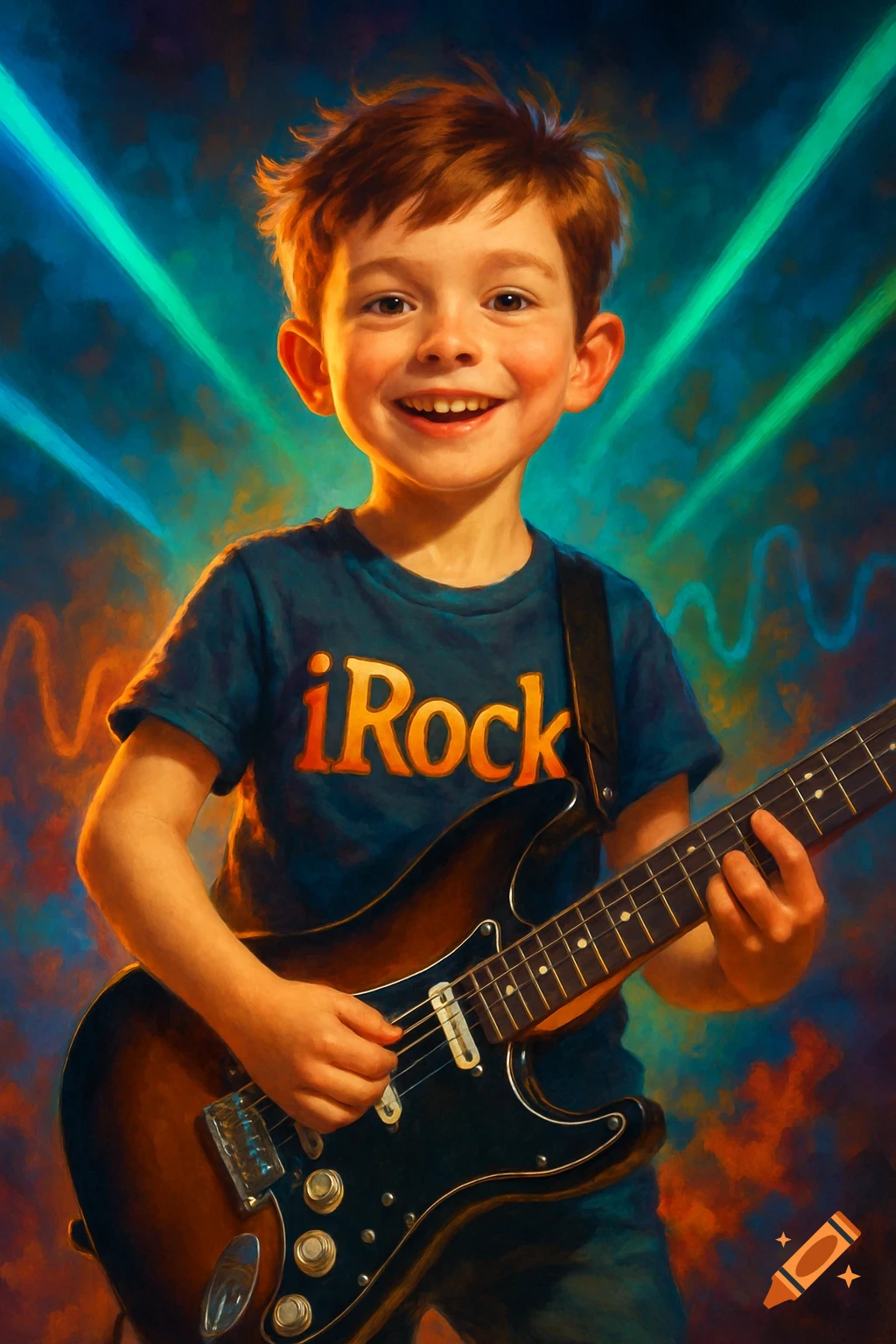 A happy young boy with red hair, wearing an 'iRock' t-shirt, smiles while playing an electric guitar against a vibrant, painterly background.