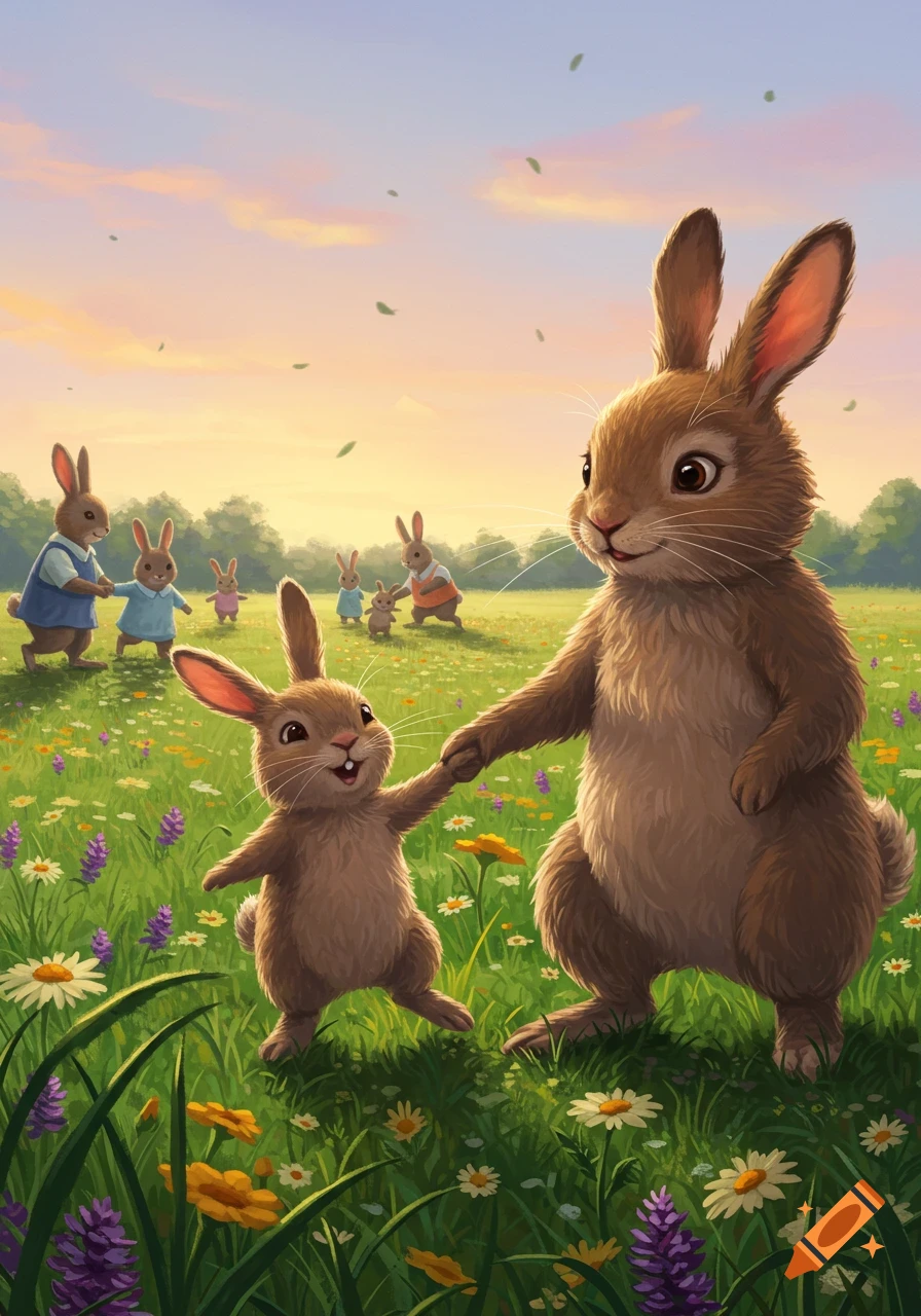 An illustrated large brown rabbit holding a smaller bunny's hand in a wildflower field with other bunnies and trees at sunset.