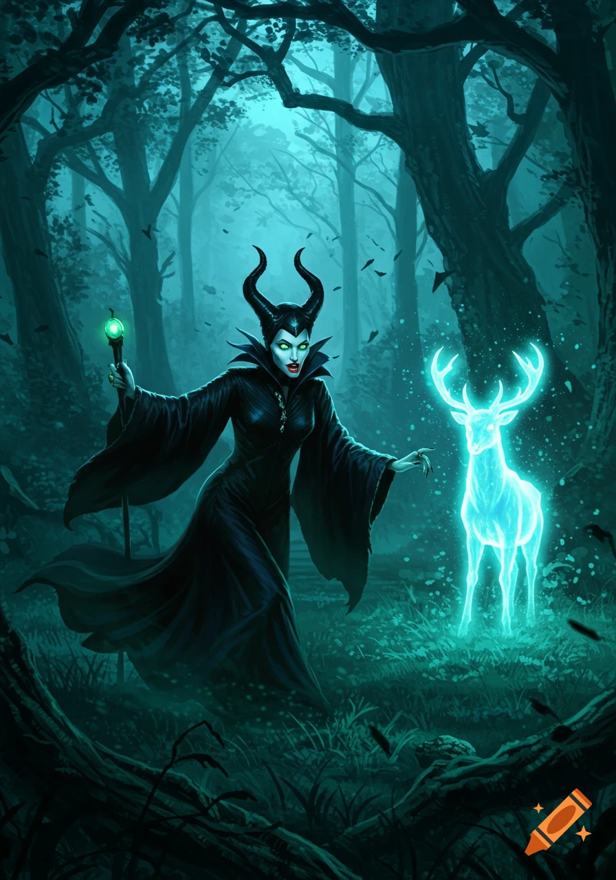 Maleficent in a dark forest holding a glowing staff, extending her hand towards a luminous white deer. Dark fantasy style.