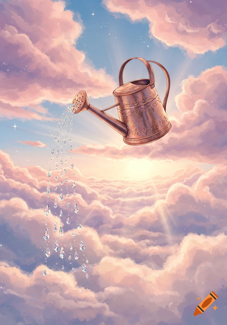 An illustration of a copper watering can spraying crystal droplets above pink and purple clouds in a sunny sky.