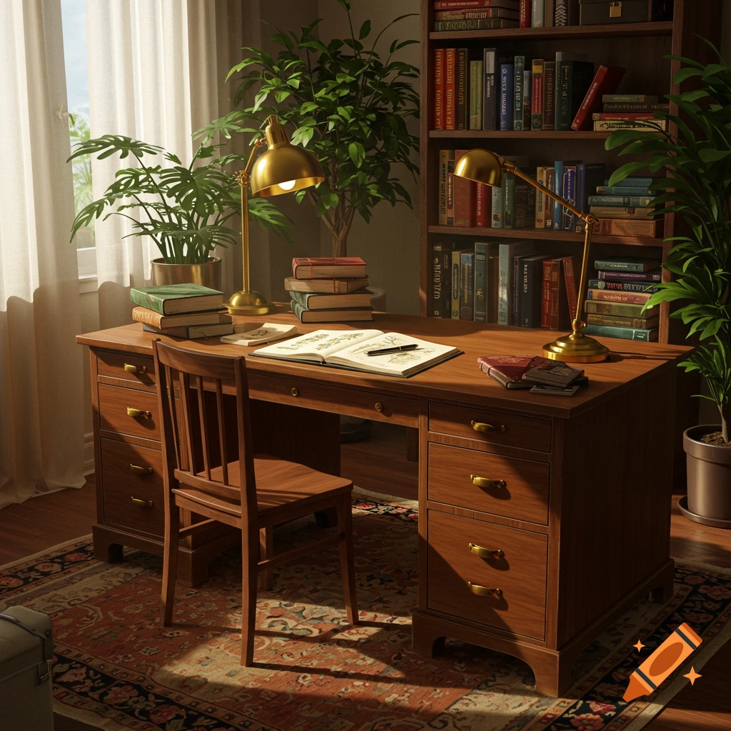 A cozy home study with a wooden desk, chair, lamps, stacks of books, and potted plants next to a sunlit window.