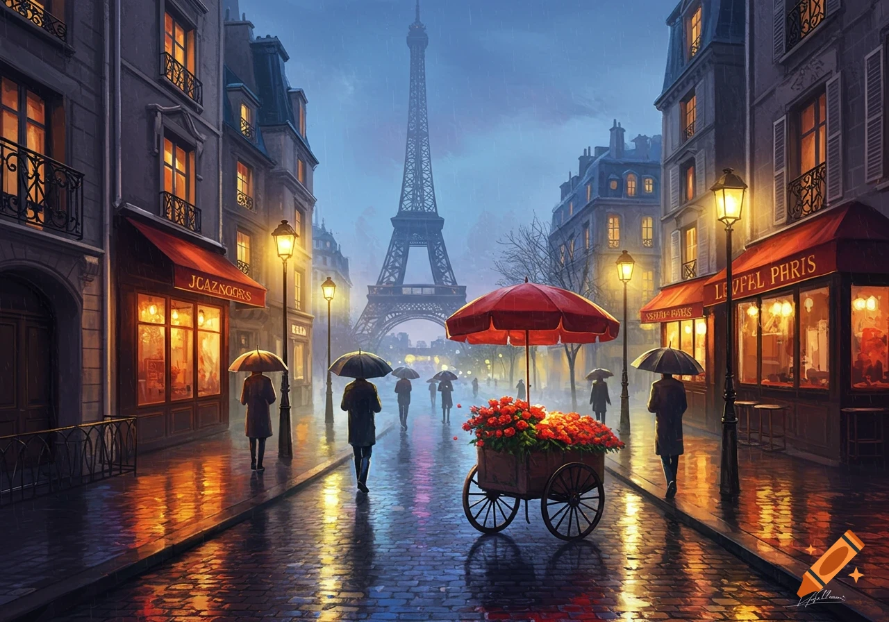 An atmospheric painting of a rainy Paris street with the Eiffel Tower, illuminated by warm lights, showing people with umbrellas and a flower cart.