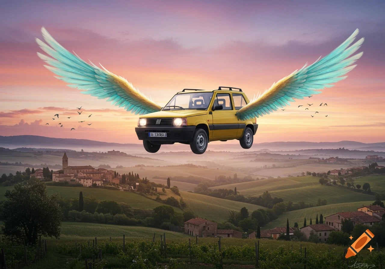 A yellow Fiat Panda car with large blue and gold wings flies through a sunset sky over a green, rolling Italian countryside with villages.