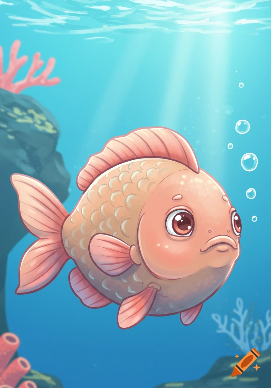 A cute, peach-colored cartoon fish with big eyes and pink fins swims in clear blue water, surrounded by coral and bubbles.