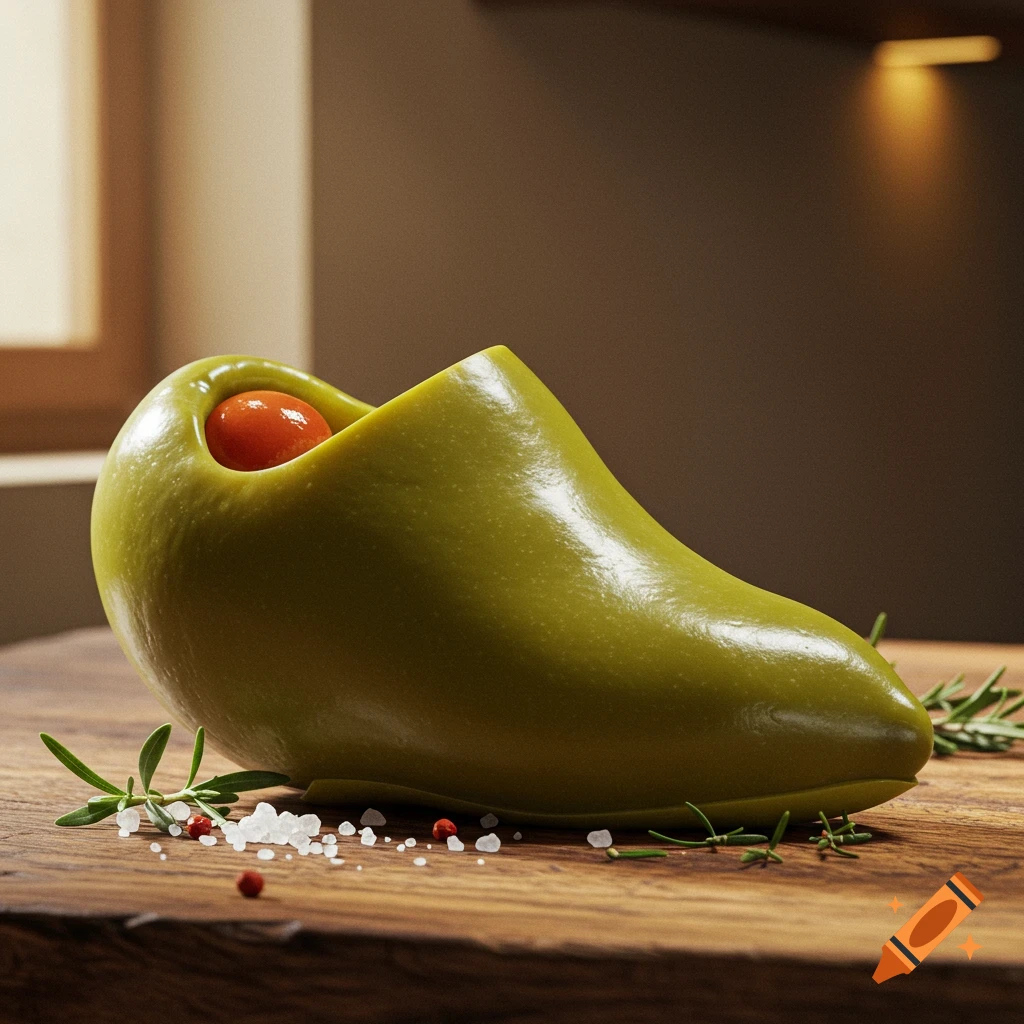 Photorealistic olive shoe with a red cherry inside, on a wooden board with scattered salt and rosemary.