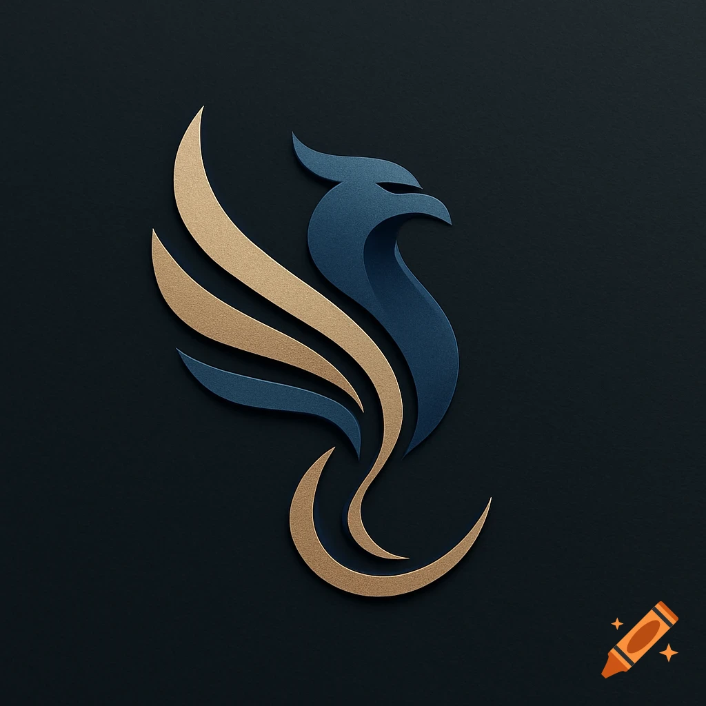 Stylized blue and gold phoenix-like logo with layered design on a dark background.