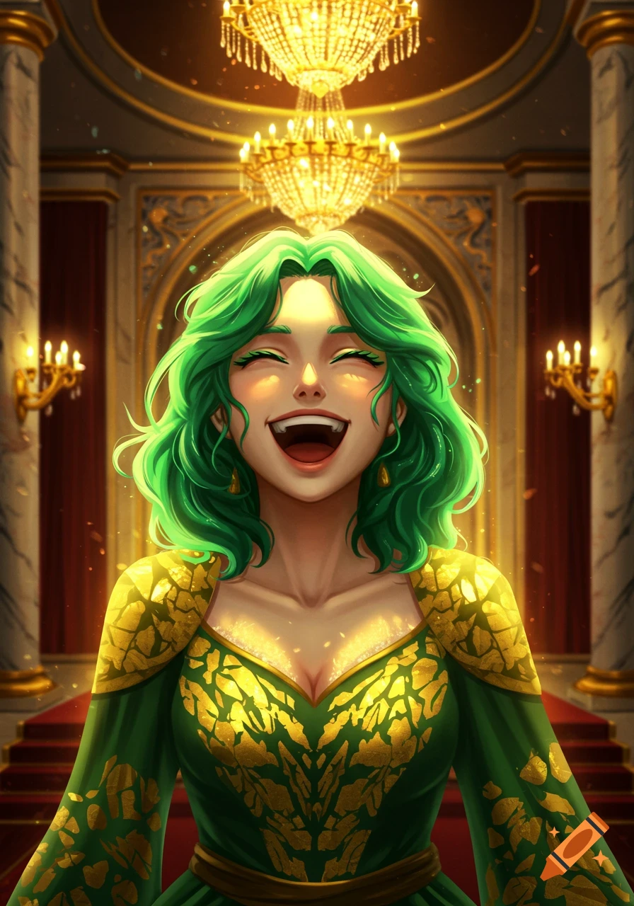 A joyfully laughing green-haired queen in a green and gold dress stands in a lavish hall with chandeliers, in an anime art style.