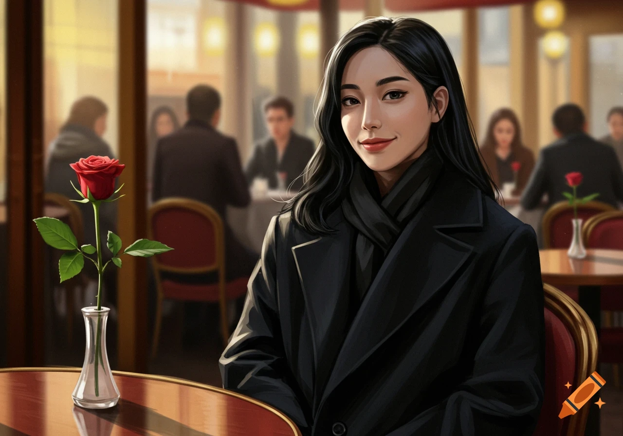 An illustration of a woman with black hair in a black coat and scarf, smiling in a cafe with a red rose on her table.