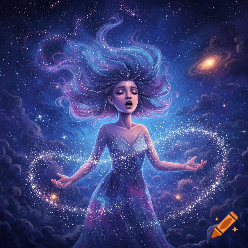 Stylized woman with flowing starry hair and dress, hands open, surrounded by stars and nebulae in a deep blue cosmic sky.
