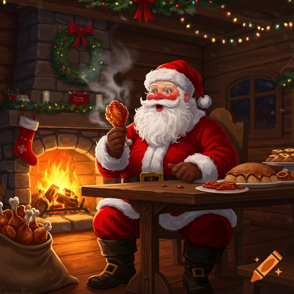 Jovial Santa Claus in a cozy, festive cabin eats a steaming chicken drumstick at a wooden table laden with food by a fireplace.