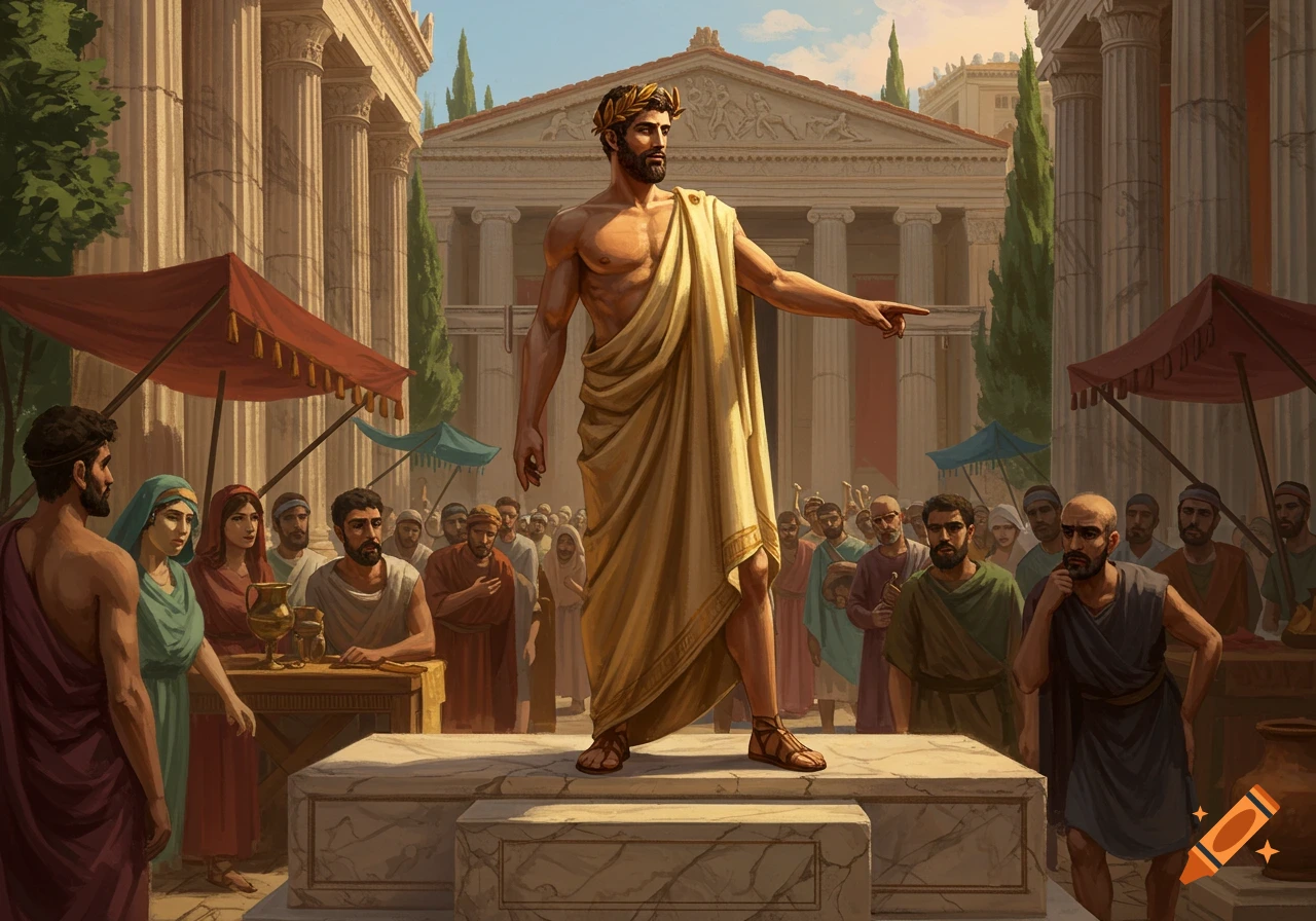 A toga-clad man on a podium addresses a crowd in an ancient Greek city with classical architecture, digital illustration.