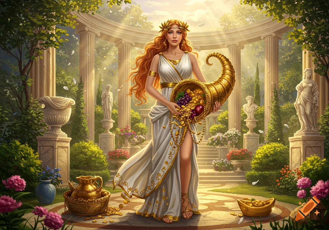 Goddess Abundantia stands in an ethereal Roman garden, holding a golden cornucopia spilling coins and fruits. Digital art.
