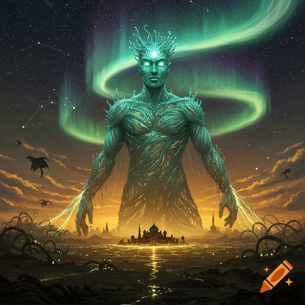 A giant humanoid figure made of green tendrils and circuits towers over a glowing city under an aurora-lit night sky, digital art.