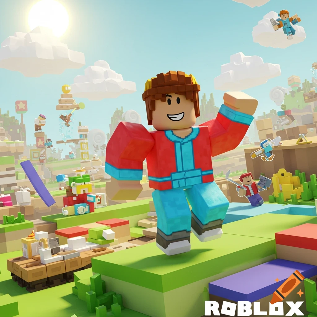 A large, smiling blocky character in a red jacket and blue pants jumps in a colorful, block-based Roblox world with other small characters and structures, under a bright sun, with the Roblox logo in the corner.