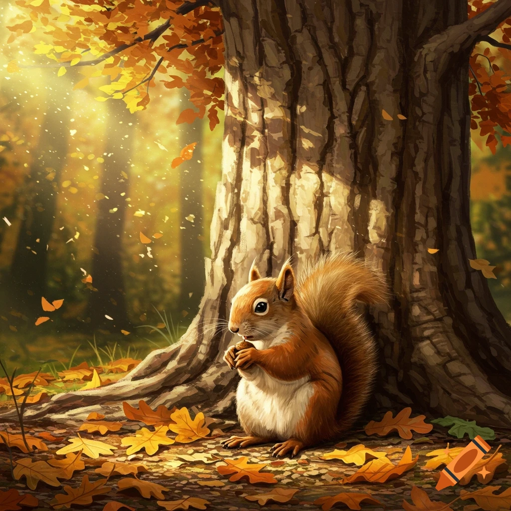 A red squirrel eats a nut at the base of a large tree surrounded by fallen autumn leaves and dappled sunlight in a forest.