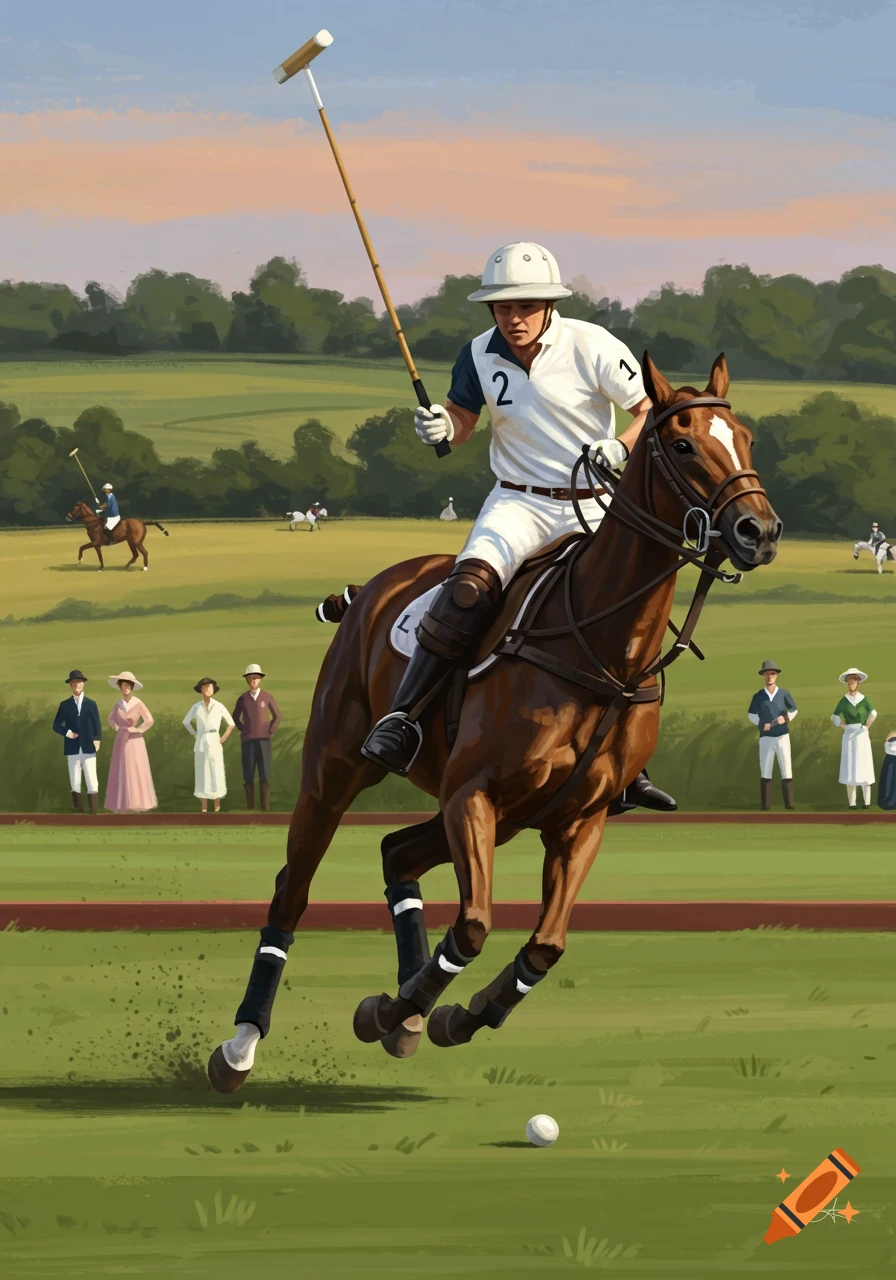 A polo player on a galloping brown horse in mid-action, mallet raised, on a green field with spectators and other players in the background.