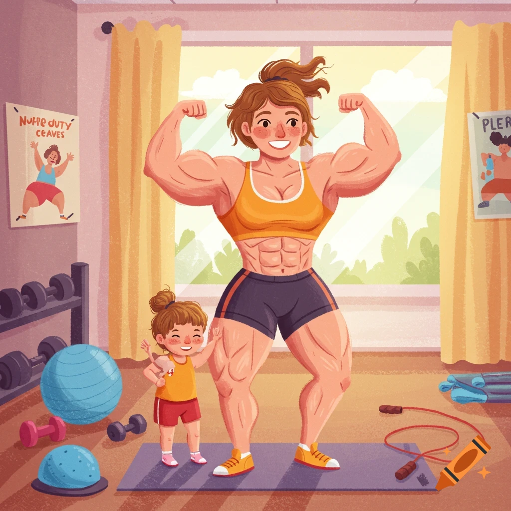 A muscular woman flexing in a home gym while a smiling child imitates her, in a kids book illustration style.