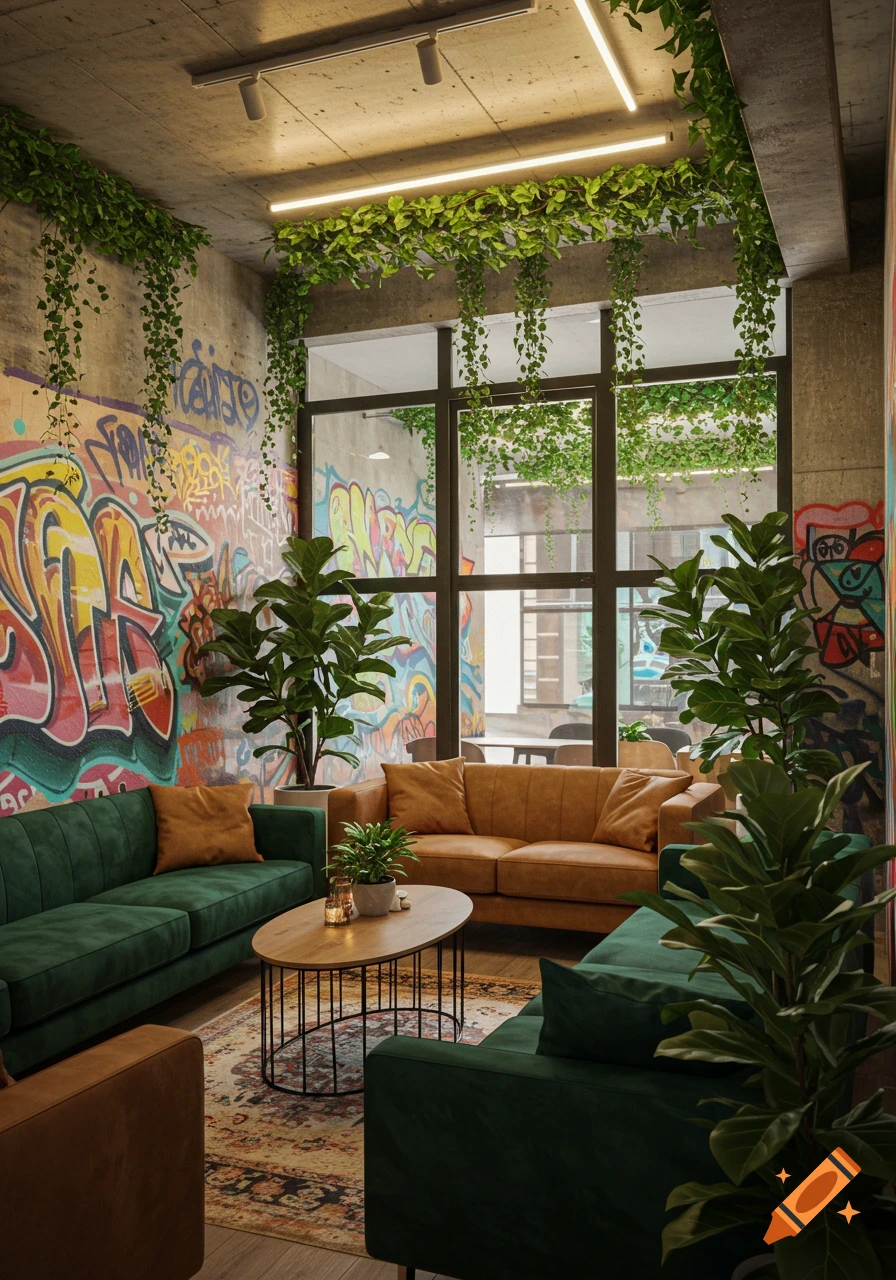 A modern, industrial-style lounge with green and brown sofas, a coffee table, concrete walls with colorful graffiti, and abundant green plants.