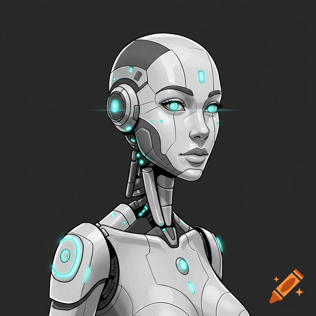 Line drawing of a futuristic female robot with glowing blue eyes and accents against a dark background.