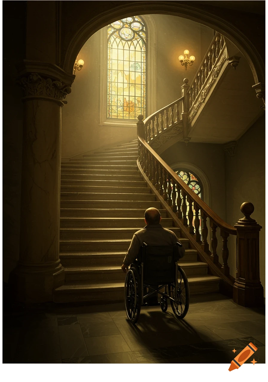 A man in a wheelchair looks up a grand, curving stone staircase in a building with a large stained glass window.