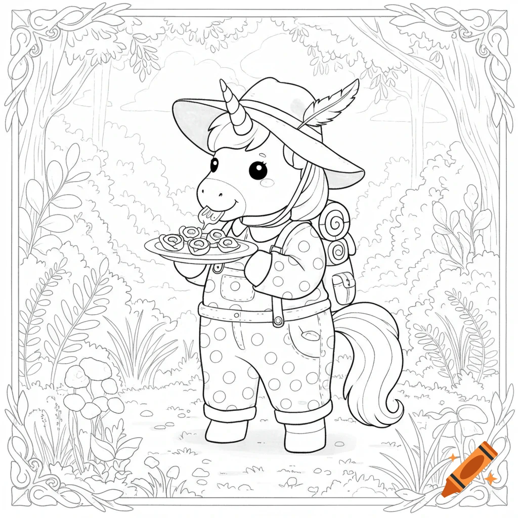 A black and white coloring page of a cute unicorn in a hiking hat and polka-dot overalls, holding a plate of tortellini in a forest.