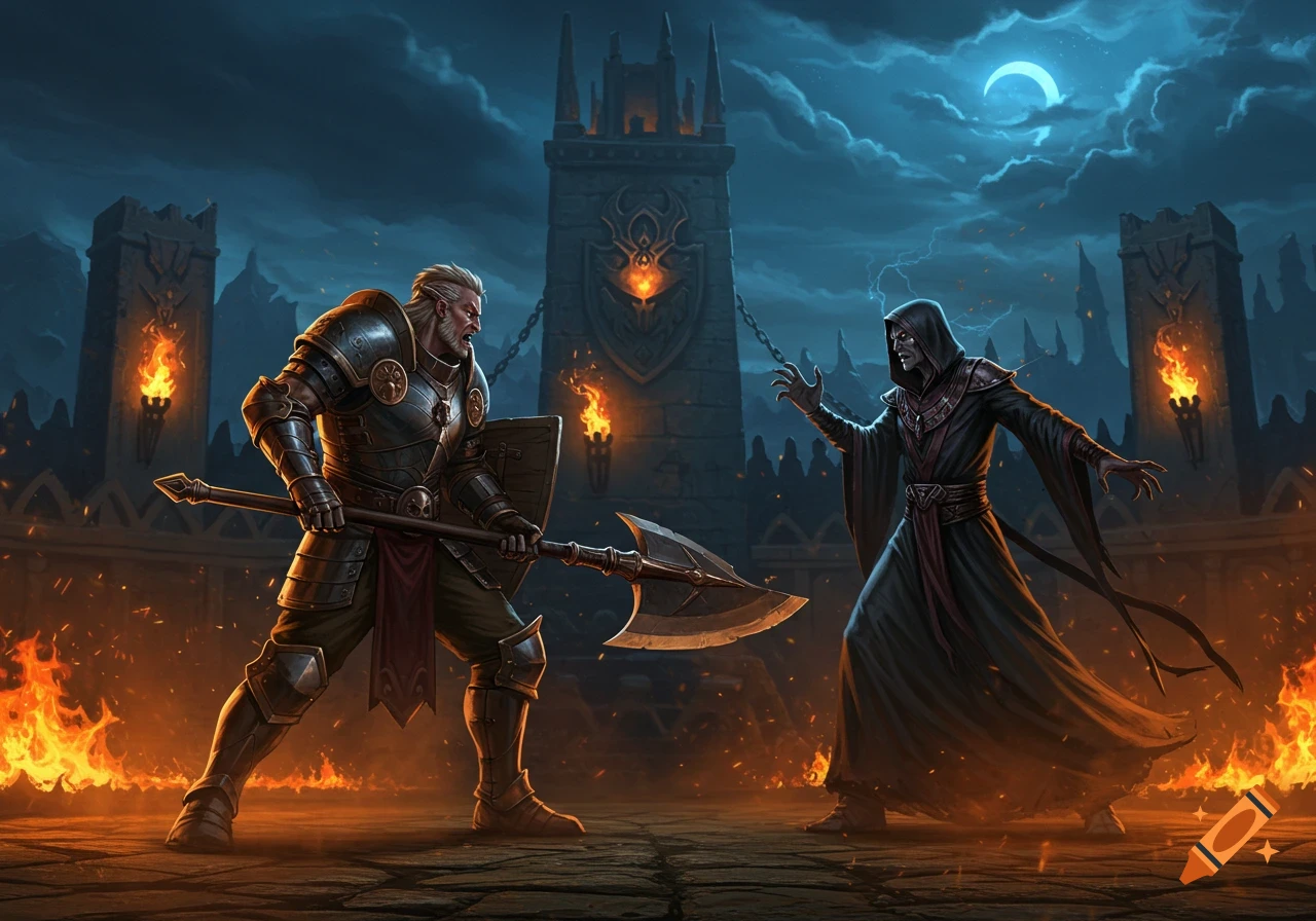 A fantasy warrior with an axe battles a dark sorcerer in a stormy arena with castle towers and flames.