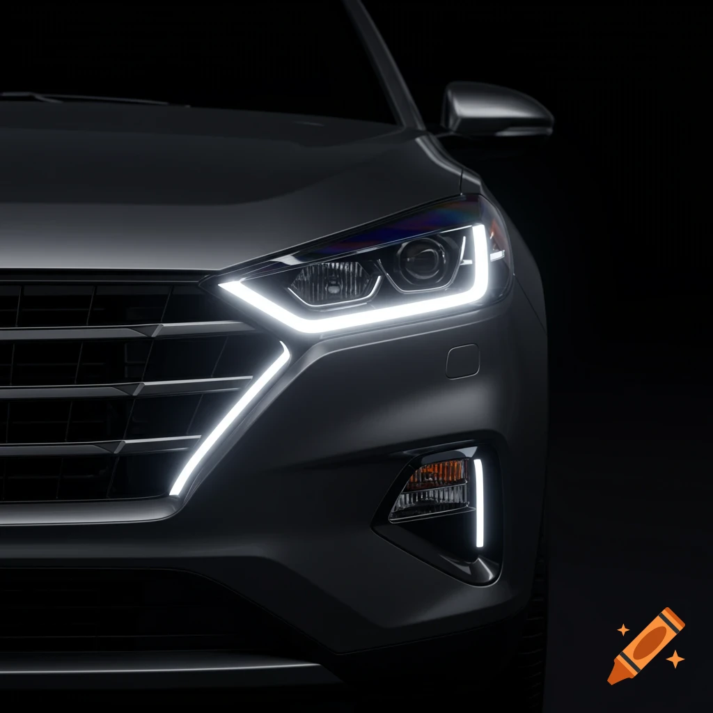Photorealistic close-up of a modern car's bright LED headlights and front grille against a dark background.