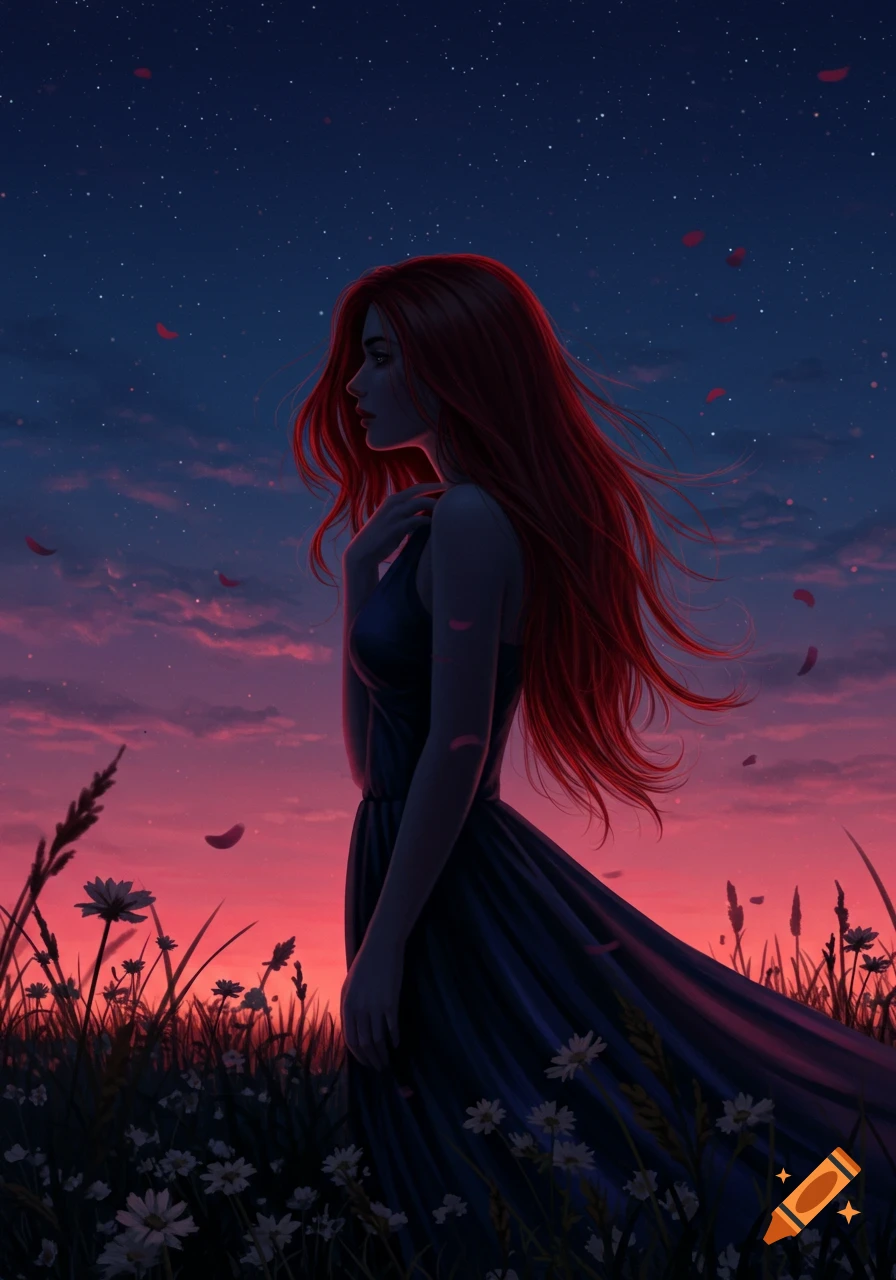 Digital painting of a woman with long red hair in a dark dress, standing in a field of flowers under a starry twilight sky with pink clouds.