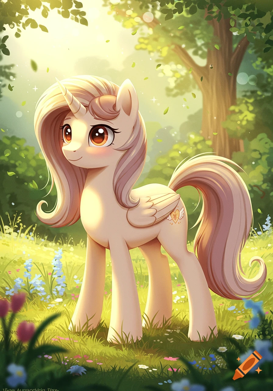 A light tan cartoon unicorn with long, wavy pink hair, a small horn, and a heart with wings cutie mark stands in a sunlit forest clearing.