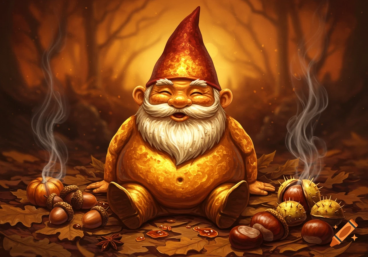 A smiling, golden-brown gnome with a red hat and white beard sits among autumn leaves, acorns, and chestnuts in a forest.