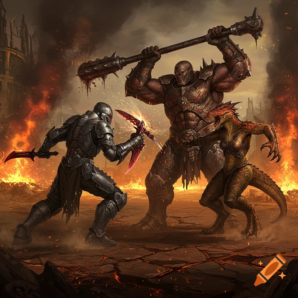 Three fantasy warriors, a knight, a giant, and a reptilian creature, battle in a fiery, desolate landscape.